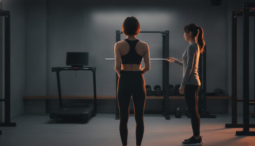 ダークな内装のパーソナルジムで女性がトレーナーと話す光景。