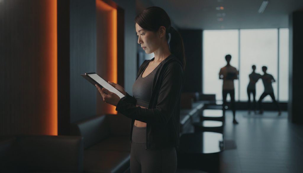 ジムのラウンジでタブレットを確認する女性