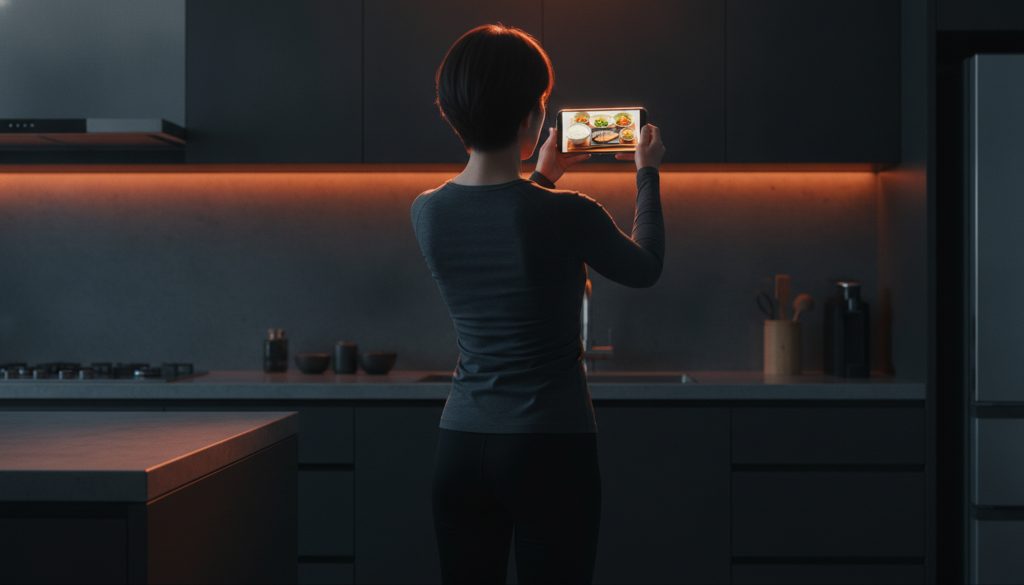 スマホで健康的な食事の画像を見る女性