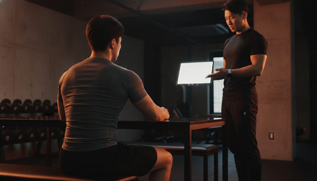 ジムで男性とトレーナーがタブレットを見る
