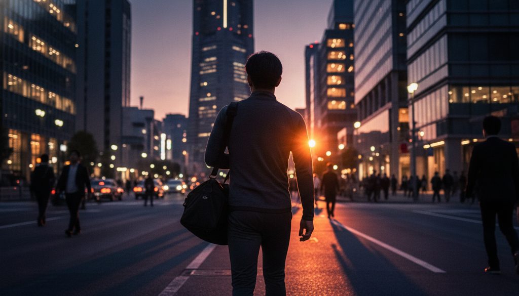 夕暮れの横浜の街を歩く男性の後ろ姿