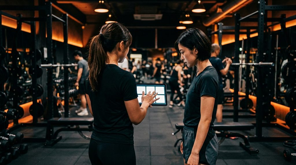 トレーナーがタブレットを使い、顧客に説明している様子。