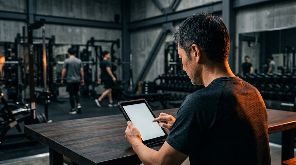 タブレットでジム情報を調べる人の後ろ姿