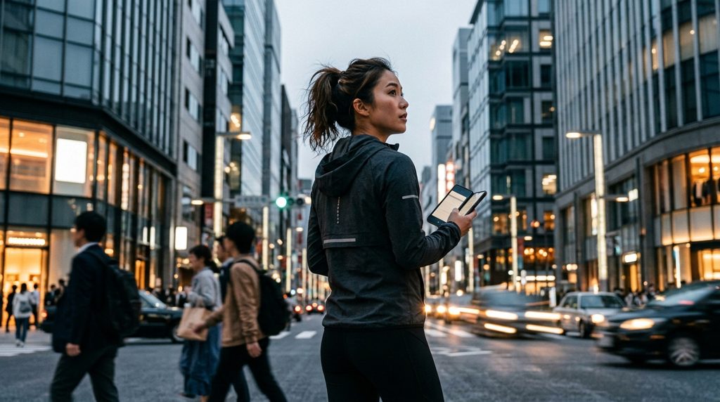 日本の街角でスマートフォンを見ながら立ち止まる人の後ろ姿。