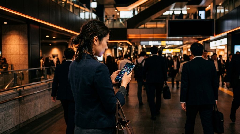 駅でスマホ地図アプリを操作する人の手元