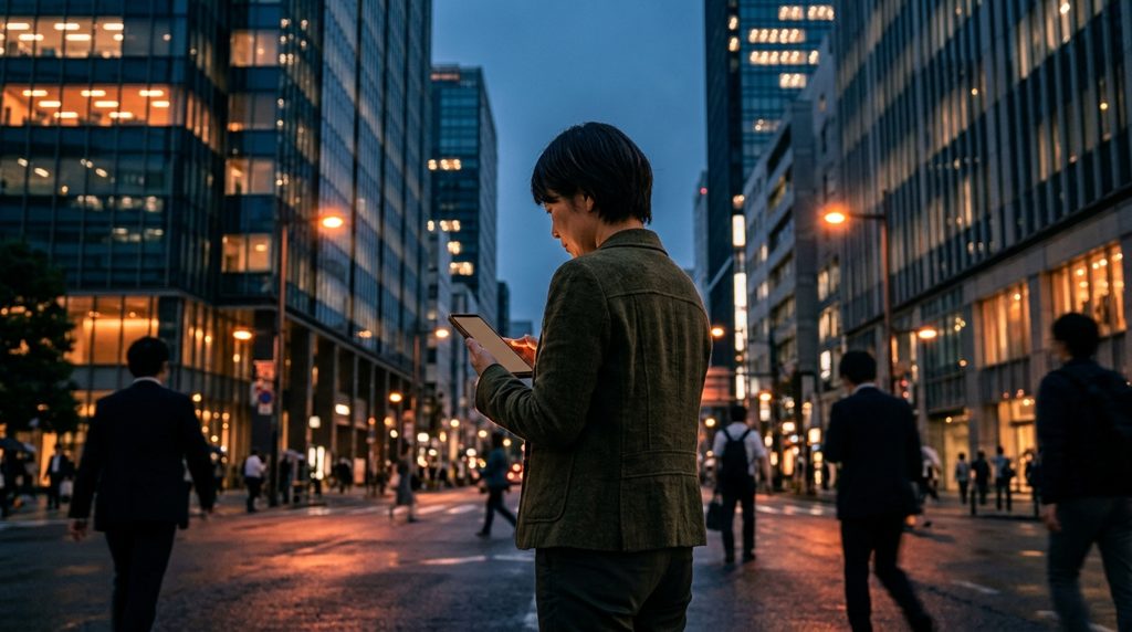 渋谷の街でスマートフォンを見る人物の背中