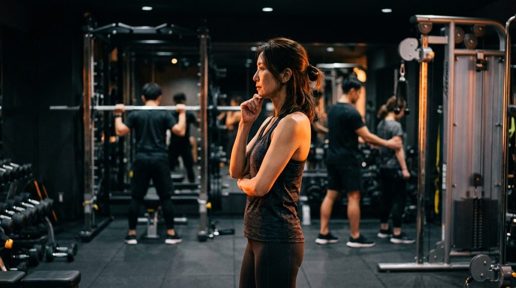 暗いジムで選択を考える女性の横顔