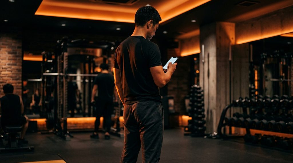 オレンジの光が差すジムでスマホを見る人の後ろ姿