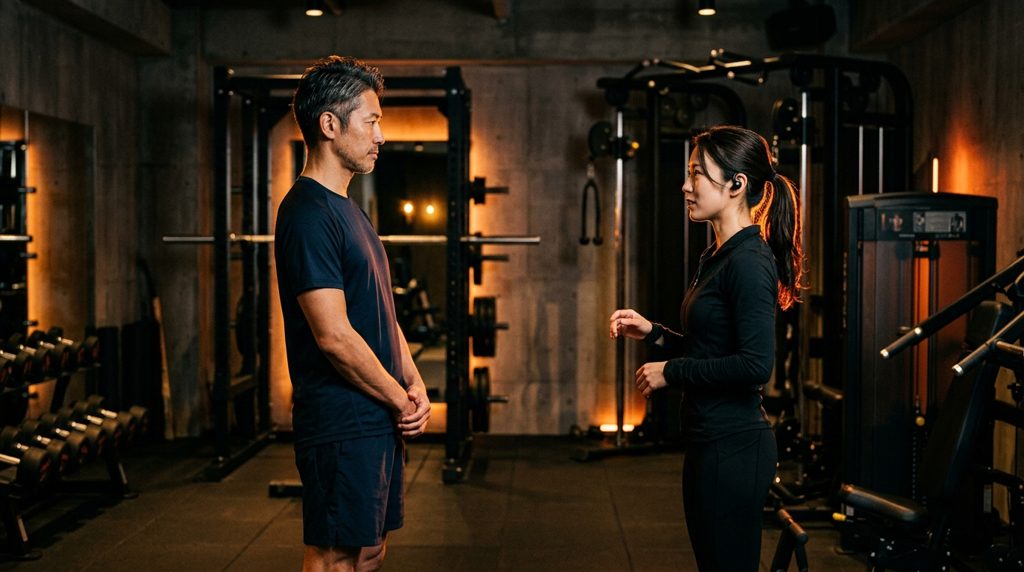 個人ジムでトレーナーと真剣に話す日本人男性