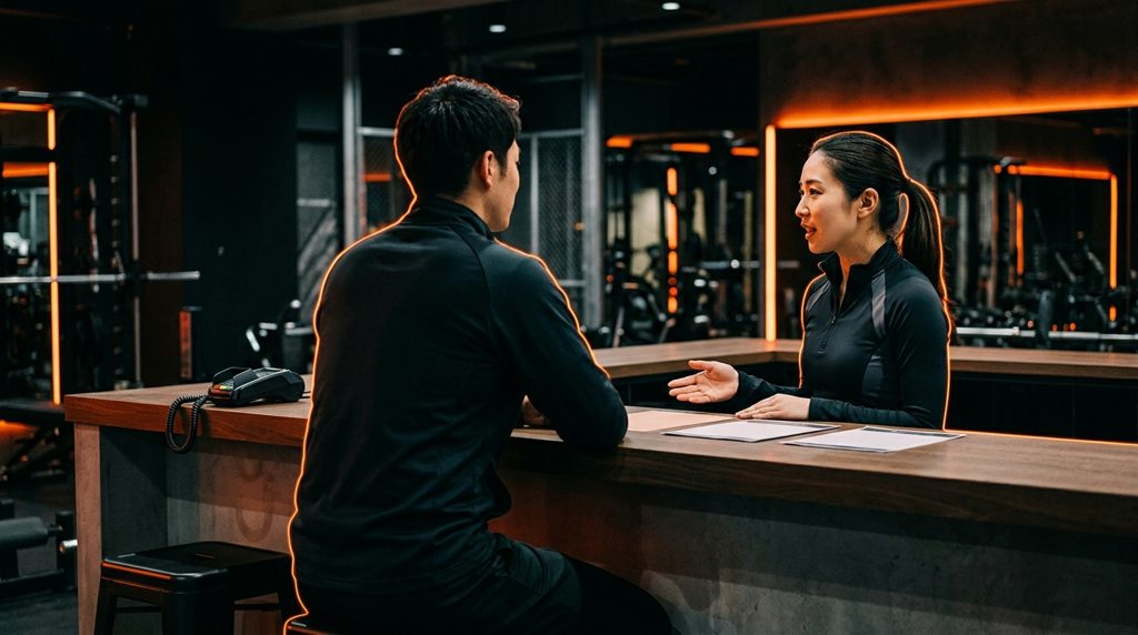 男性がトレーナーと入会について話している様子