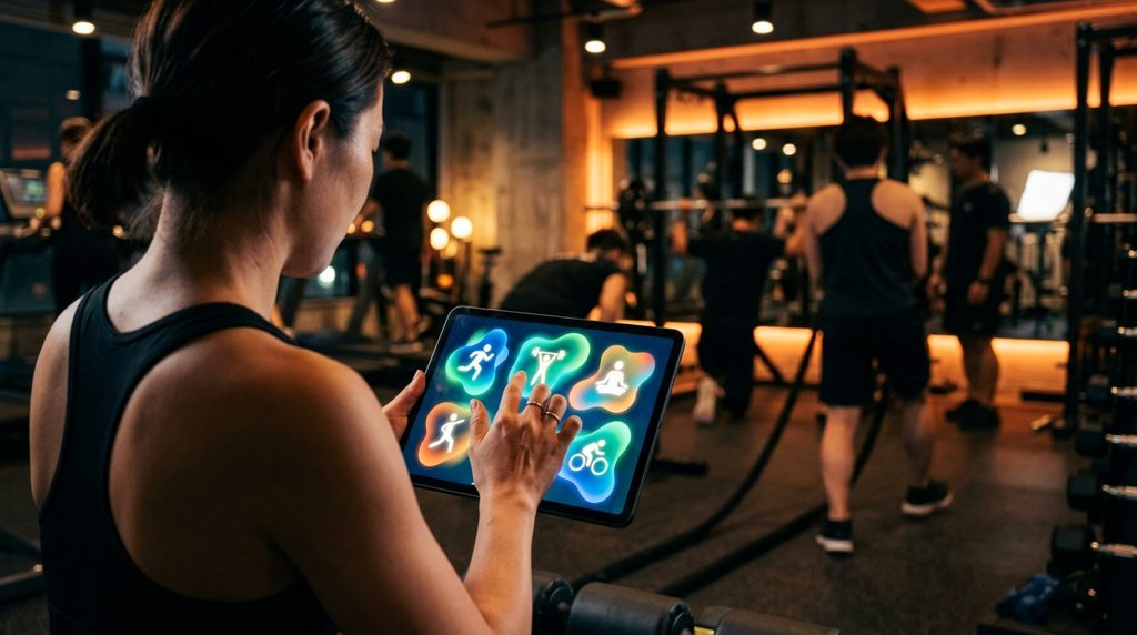ジムでタブレットを操作し、選択肢を考える手元
