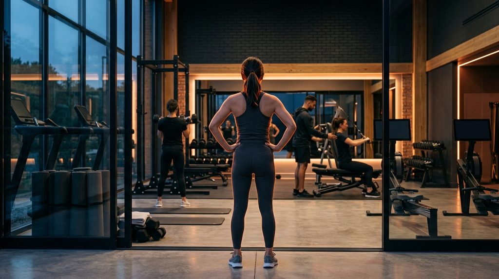 スポーツウェアの女性が清潔なジム内を見ている