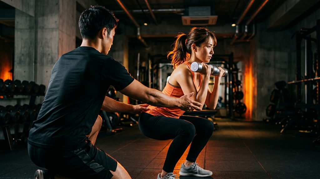 トレーナーがスクワット中の女性のフォームを指導している様子