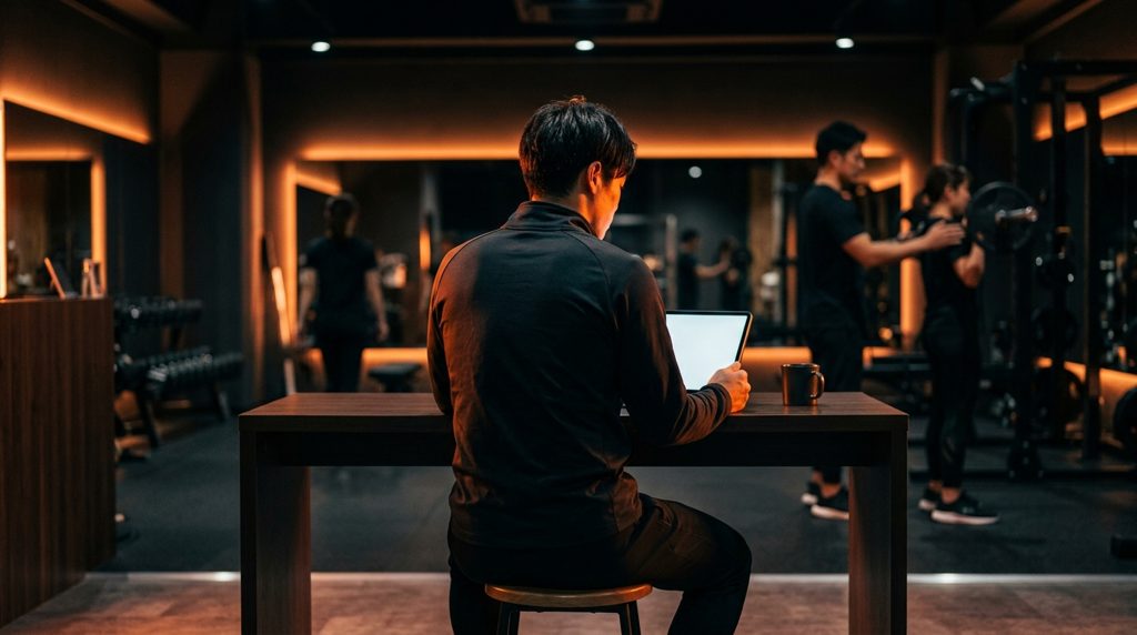タブレットでジム情報を検討する人物