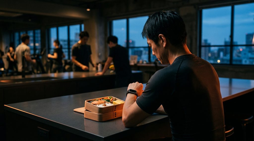 キッチンで食事を前に計画を考える男性