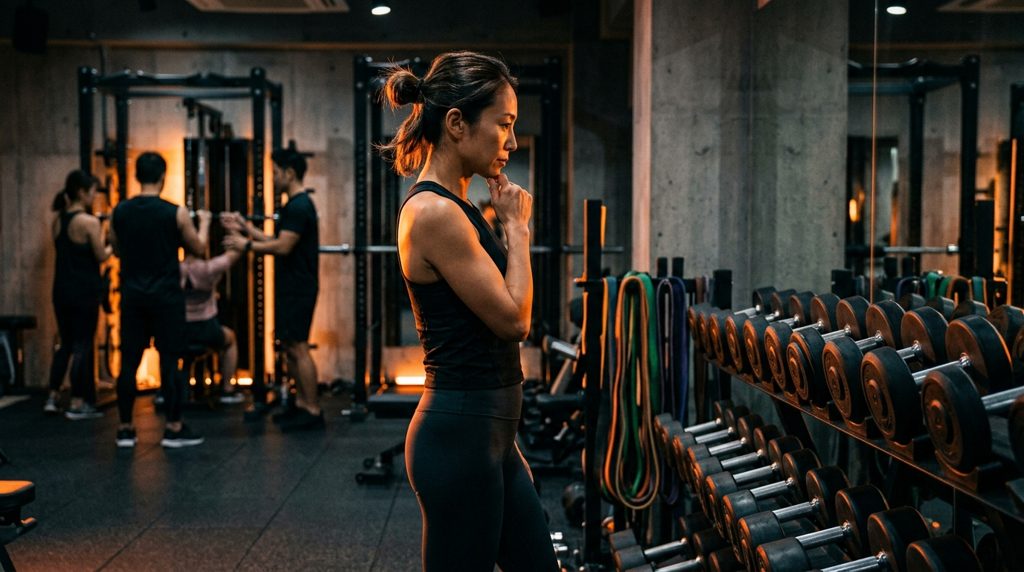 モダンなジムで様々なトレーニング器具を前に考える女性の横顔