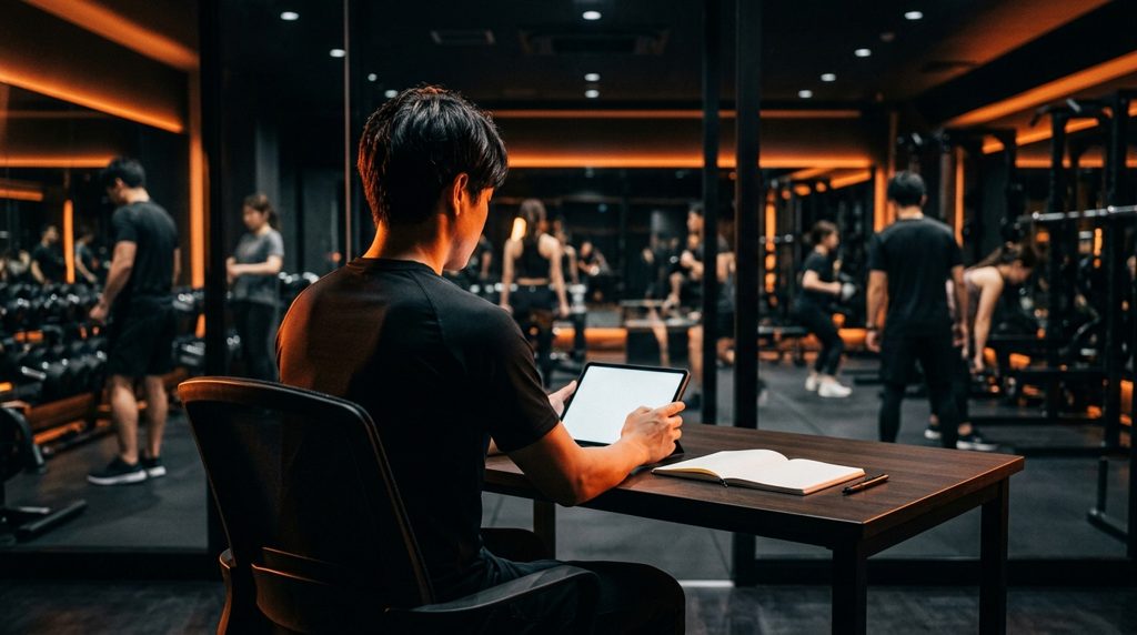 ジムのオフィスでタブレットを見つめる人