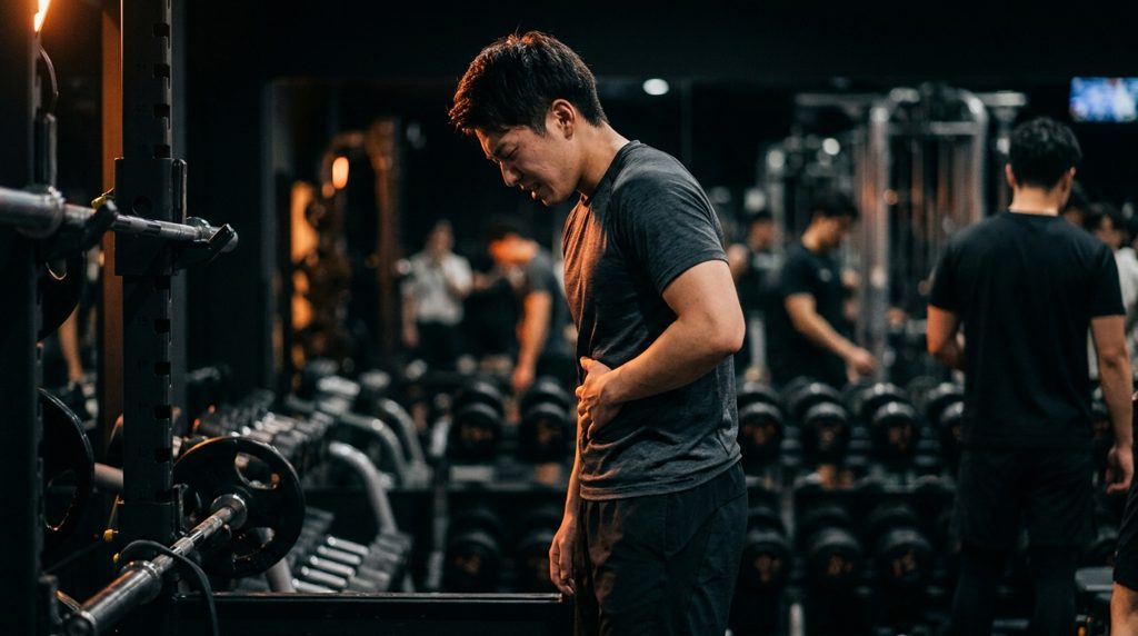 ジムで運動中に少し疲れた様子の日本人トレーニー