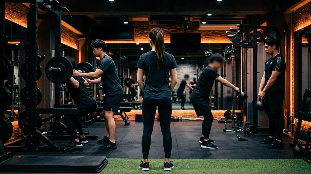 ジムで複数のトレーナーを見つめる日本人女性