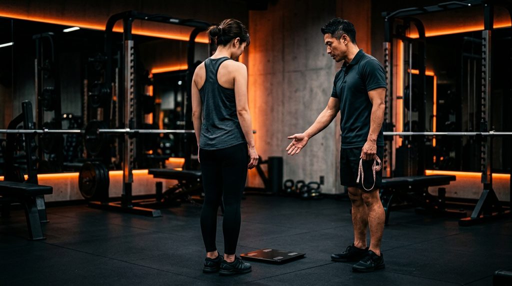 女性とトレーナー、体重計とメジャー