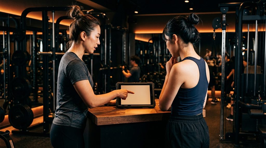 日本の女性トレーニーが、タブレットを見ながらトレーナーと話している。