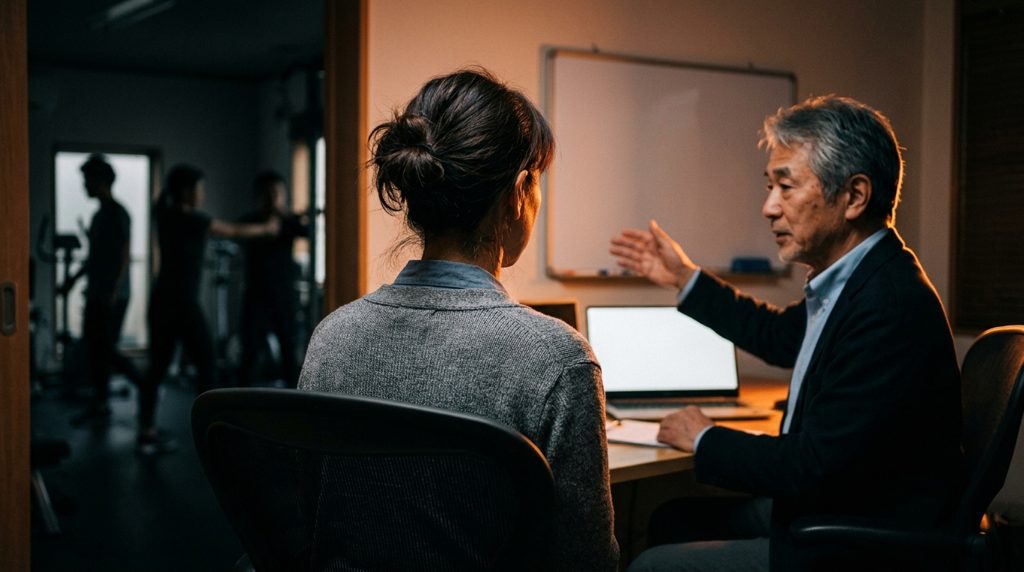 医師と相談する50代女性の後ろ姿