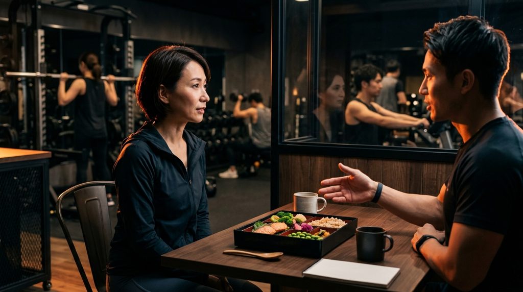 暗いジムの相談スペースで、トレーナーと食事について話す女性と、テーブルの上のヘルシーな弁当