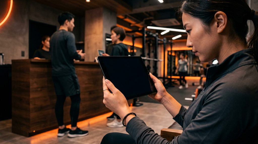 タブレットでジムの情報を確認する女性