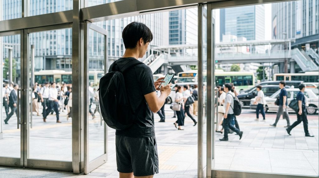 駅の改札付近で地図アプリを見る人