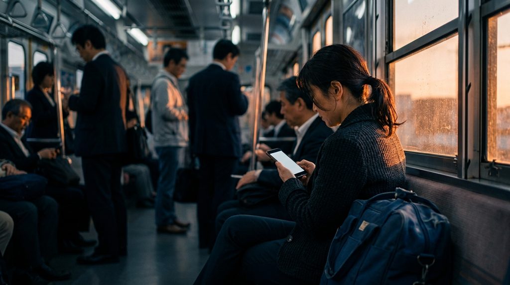 夕暮れの電車内でスマートフォンを見る女性とジムバッグ