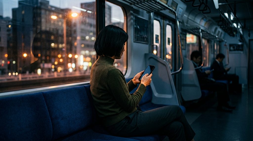 電車内でスマートフォンを見る女性