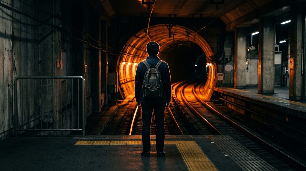 地下鉄ホームで、背を向けた人物がたたずむ様子。オレンジ色の光が特徴的。