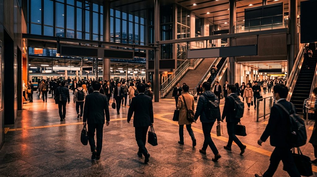 複数の路線が交わる駅のコンコースを行き交う人々